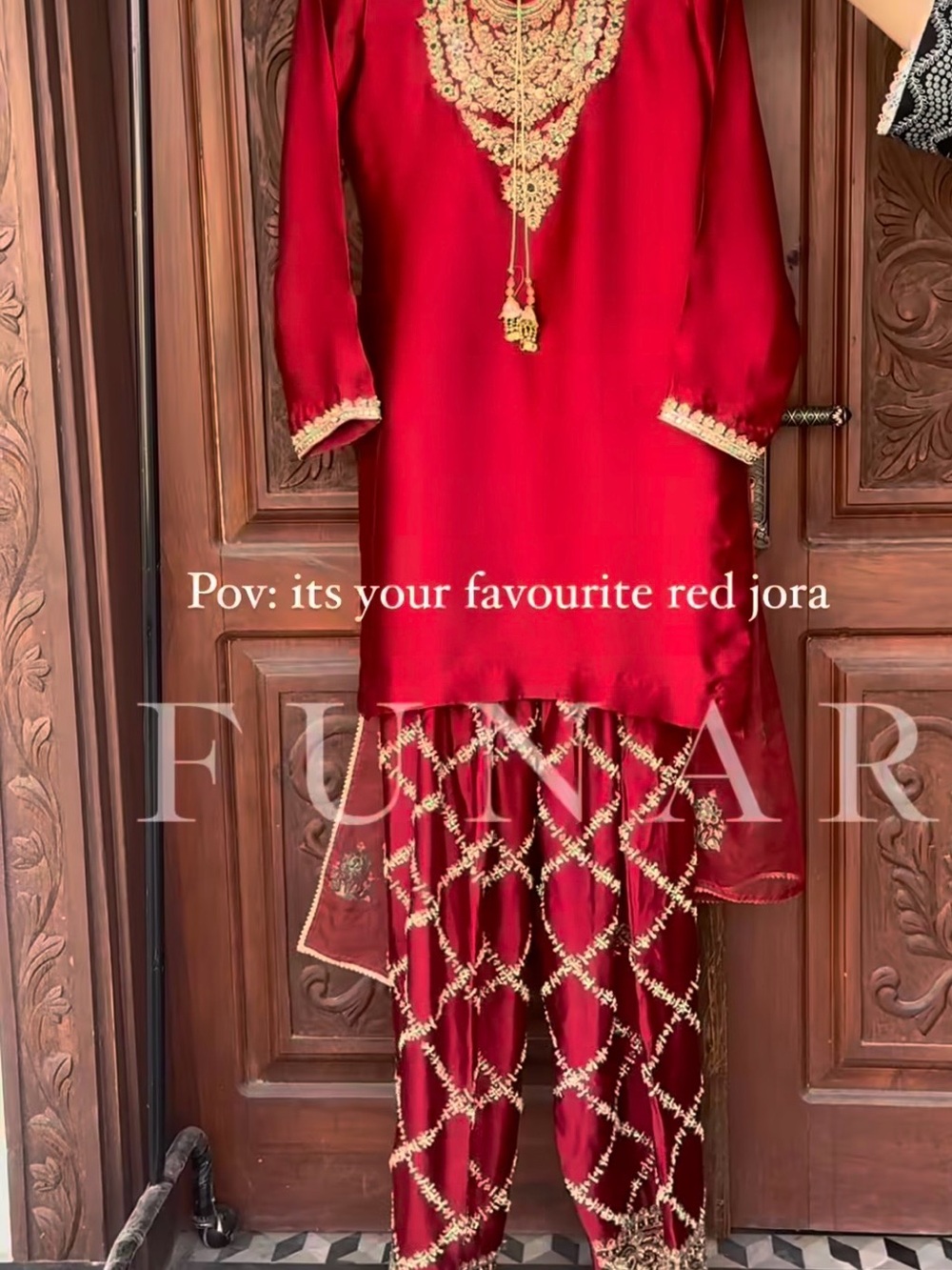Red Embroidered Jora Dress with Gold Detailing